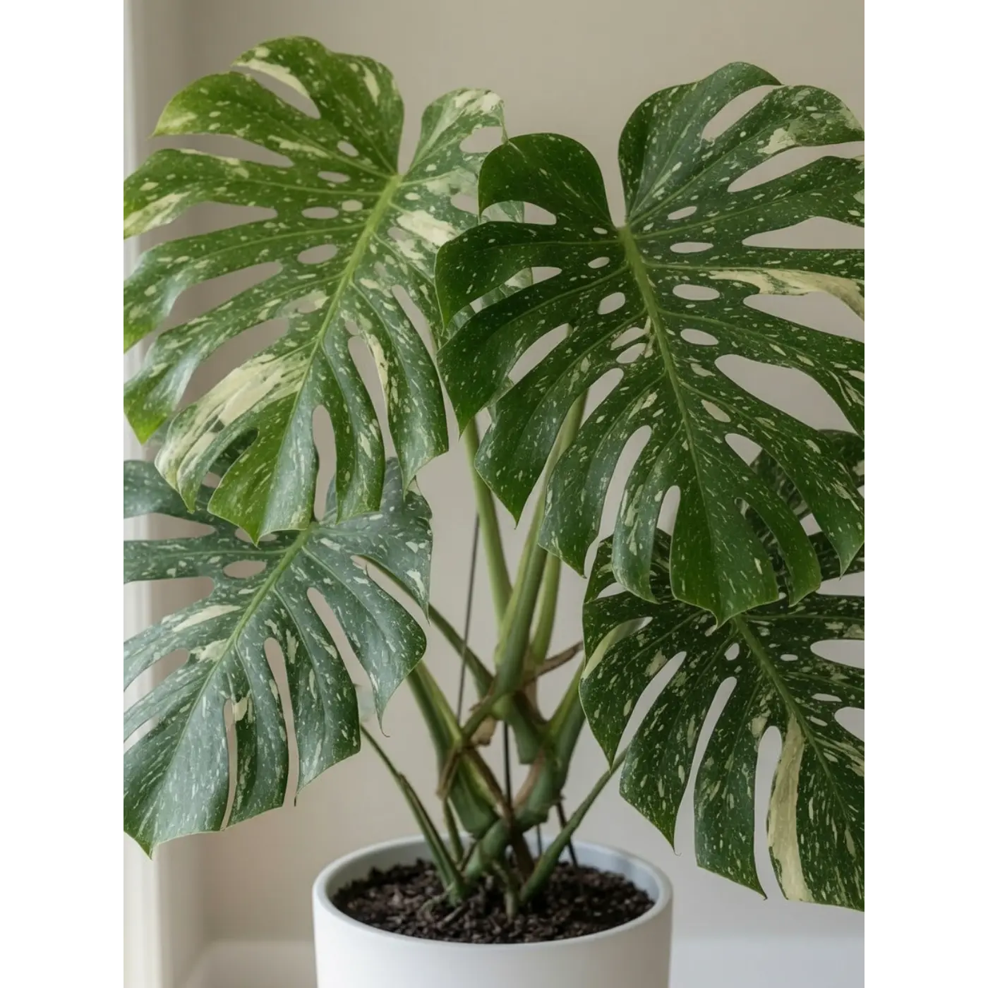 close up picture of a monstera thai constellation plant in a white pot